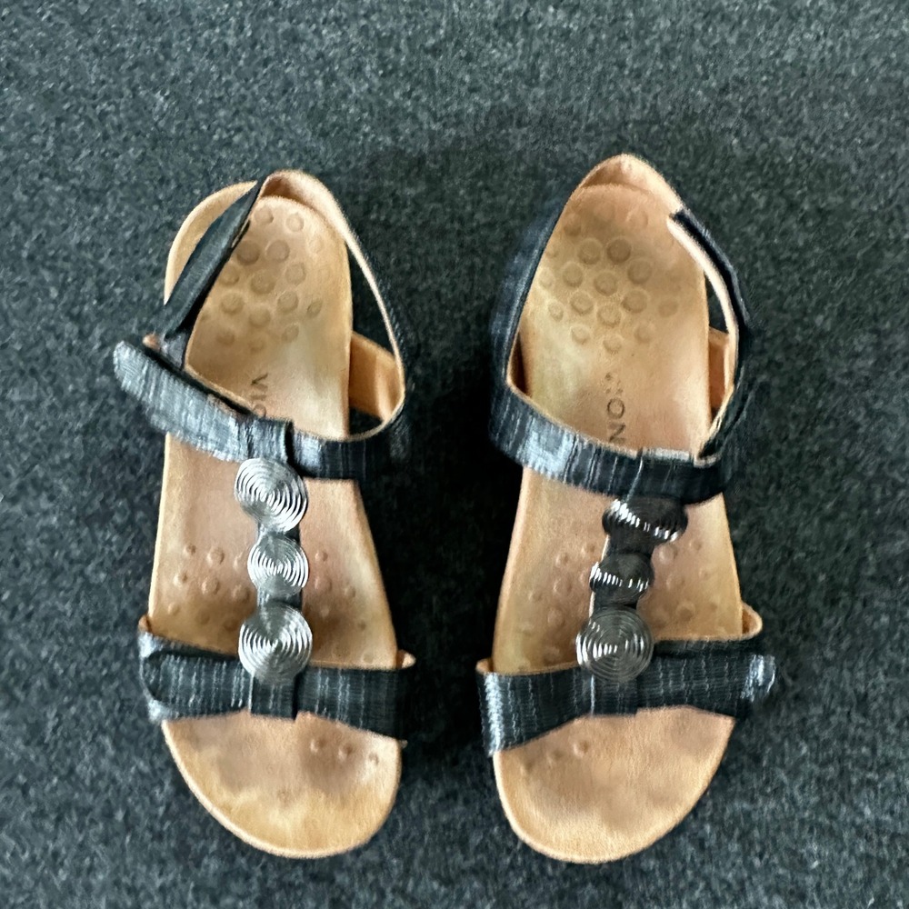 Vionic Farra II Black Textured T-Strap Orthotic Sandals Women 10 W5610